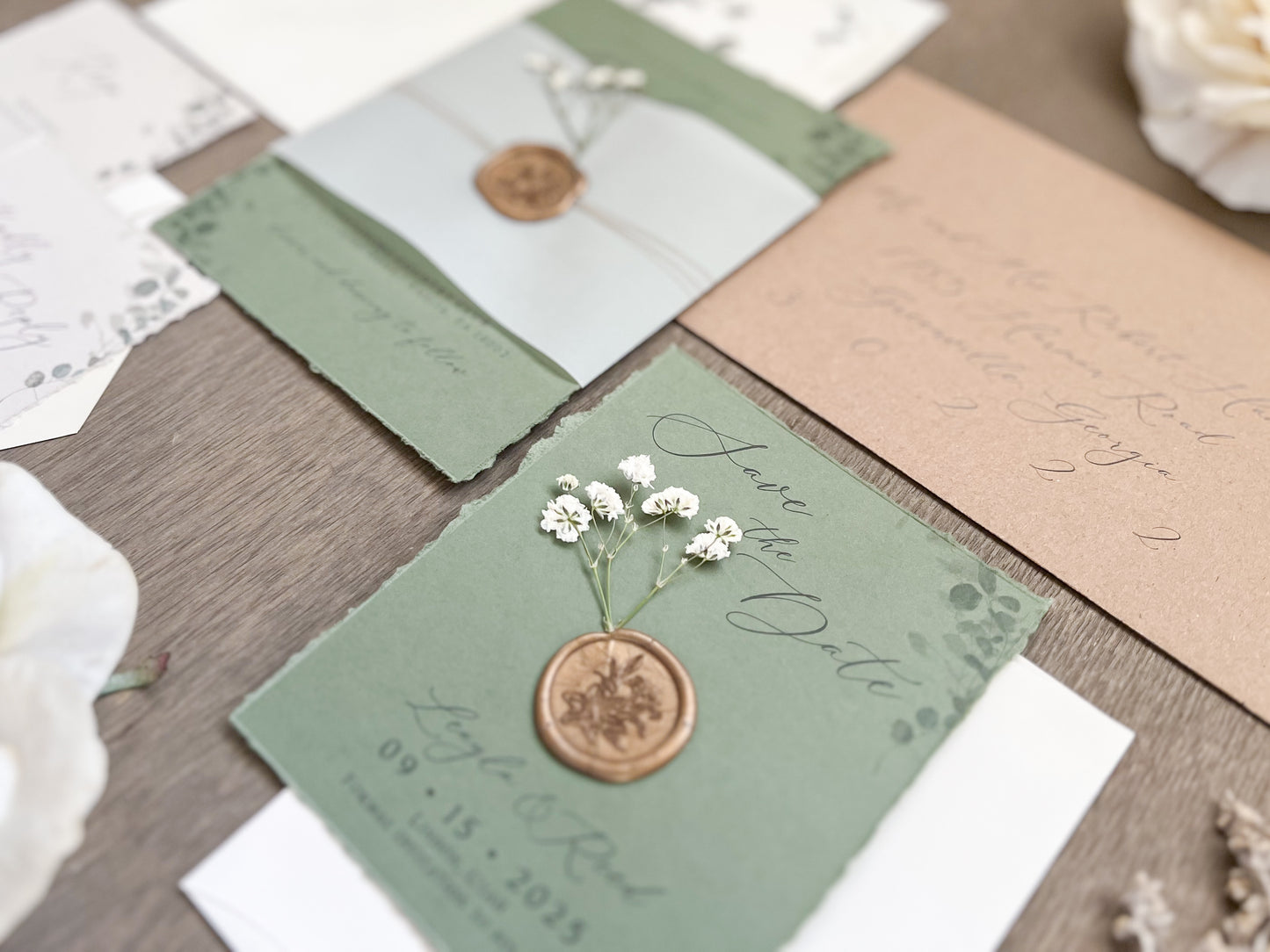 Sage Green and Baby’s Breath Wedding Invitation with Deckled Edging, Vellum Belly Band and Wax Seal
