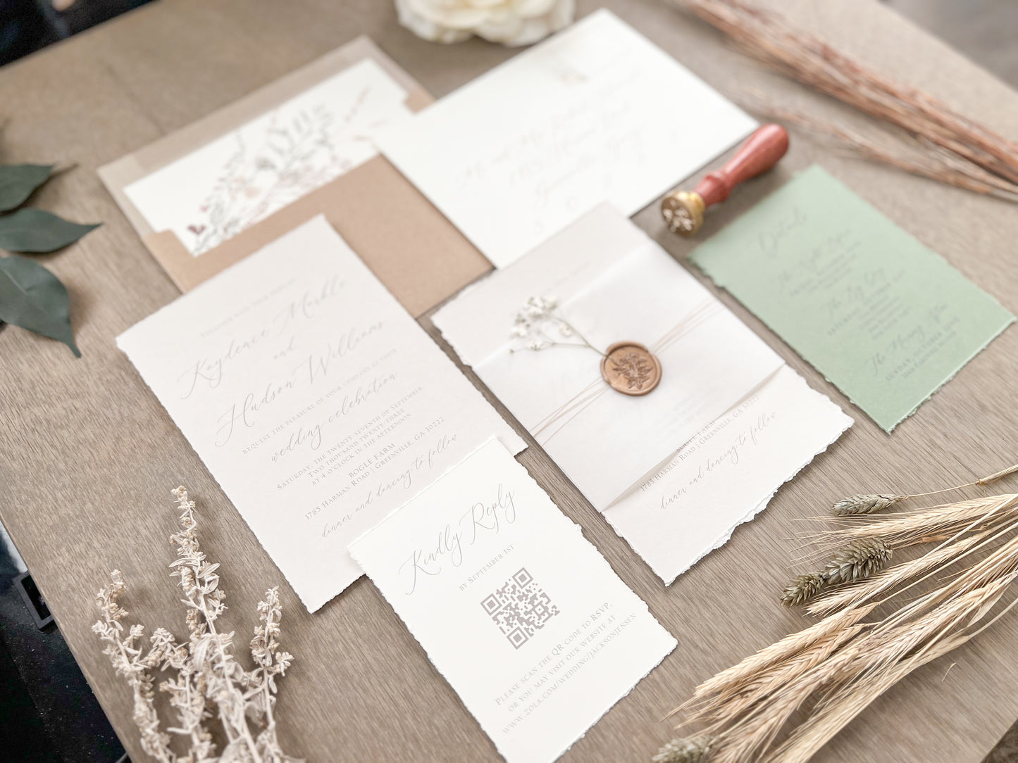 Baby’s Breath Wedding Invitation with Deckled Edging, Baby’s Breath, Vellum and Wax Seal
