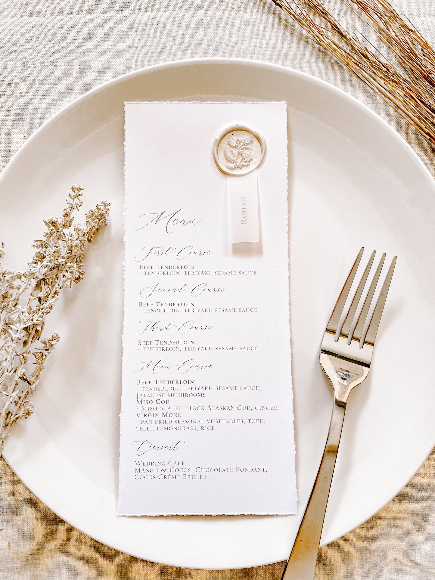Wedding Menus with Vellum Place Card and Deckled Edging