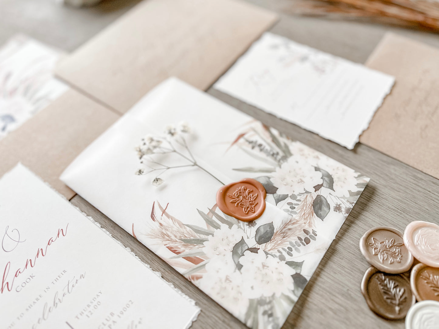 Pampas Grass and White Floral Wedding Invitation with Baby’s Breath, Deckled Edge and Boho Vellum with Wax Seal