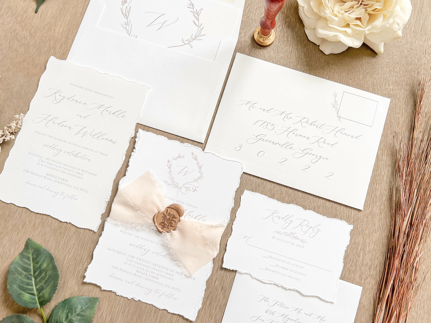 Modern Elegant Wedding Invitation with Light Nude Chiffon & Wax Seal