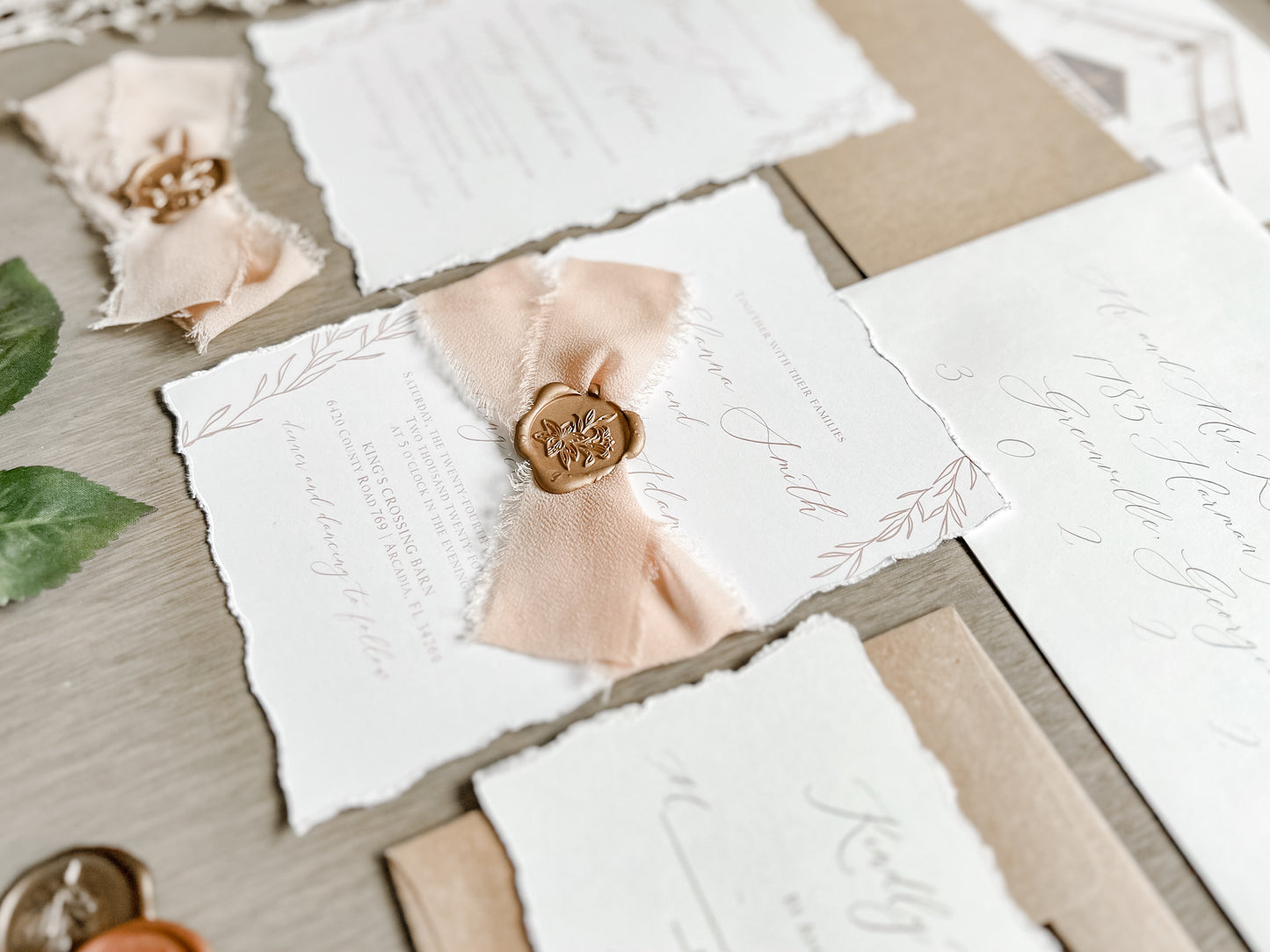 Light Brown Ribbon Wedding Invitation with Deckled Edging & Antique Gold Wax Seal