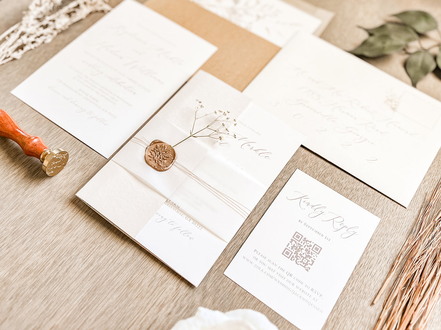 Elegant Beige & Ivory Wedding Invitation with Baby’s Breath