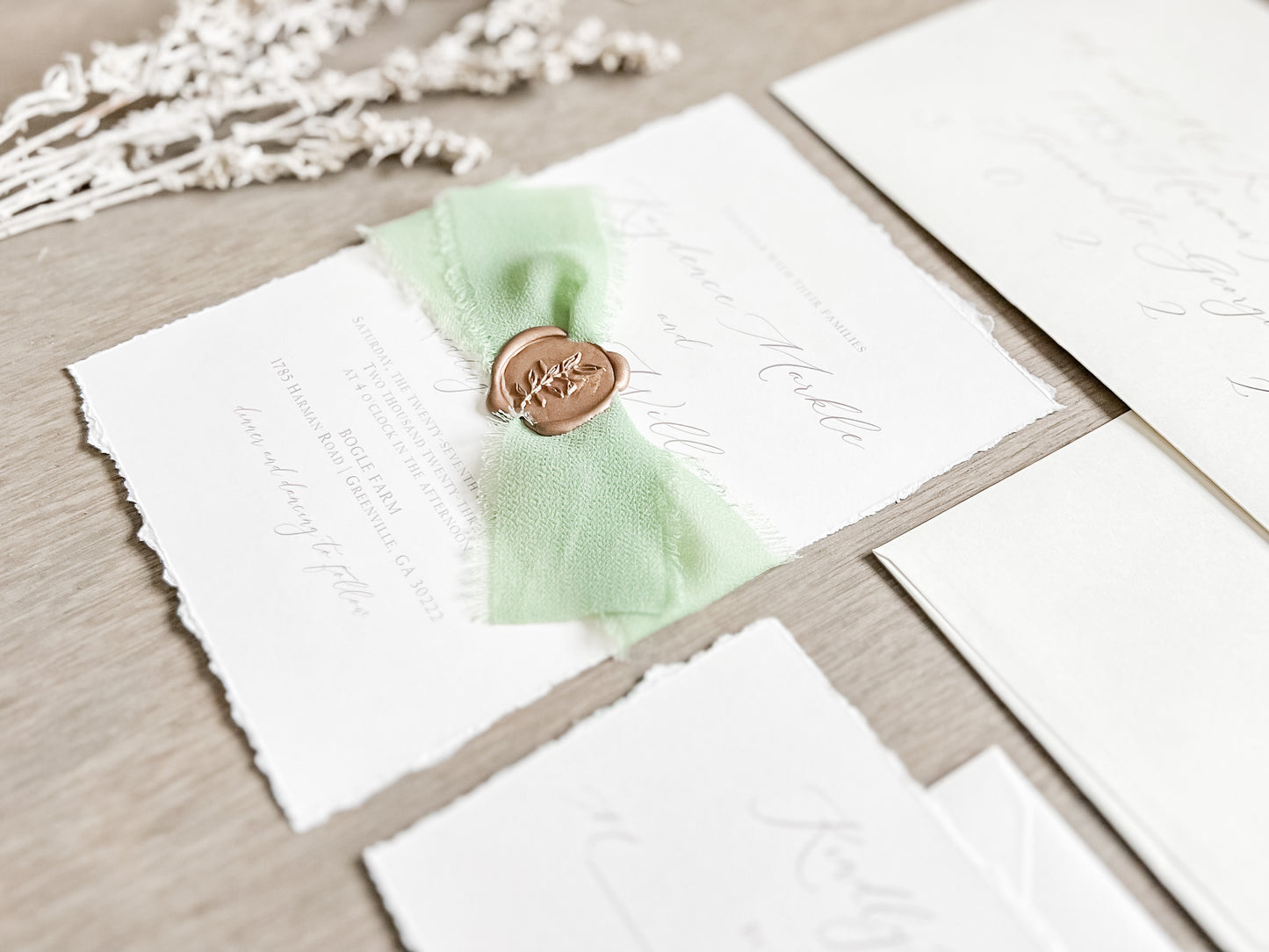 Sage Green Ribbon Wedding Invitation with Deckled Edging, Chiffon Ribbon & Antique Gold Wax Seal