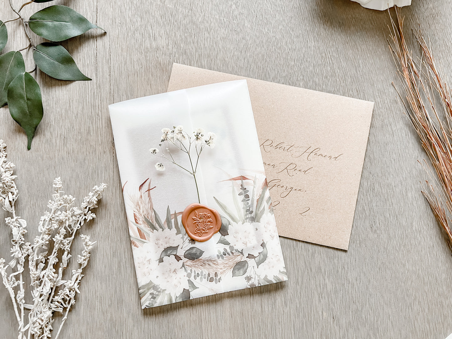 Pampas Grass and White Floral Wedding Invitation with Baby’s Breath, Deckled Edge and Boho Vellum with Wax Seal