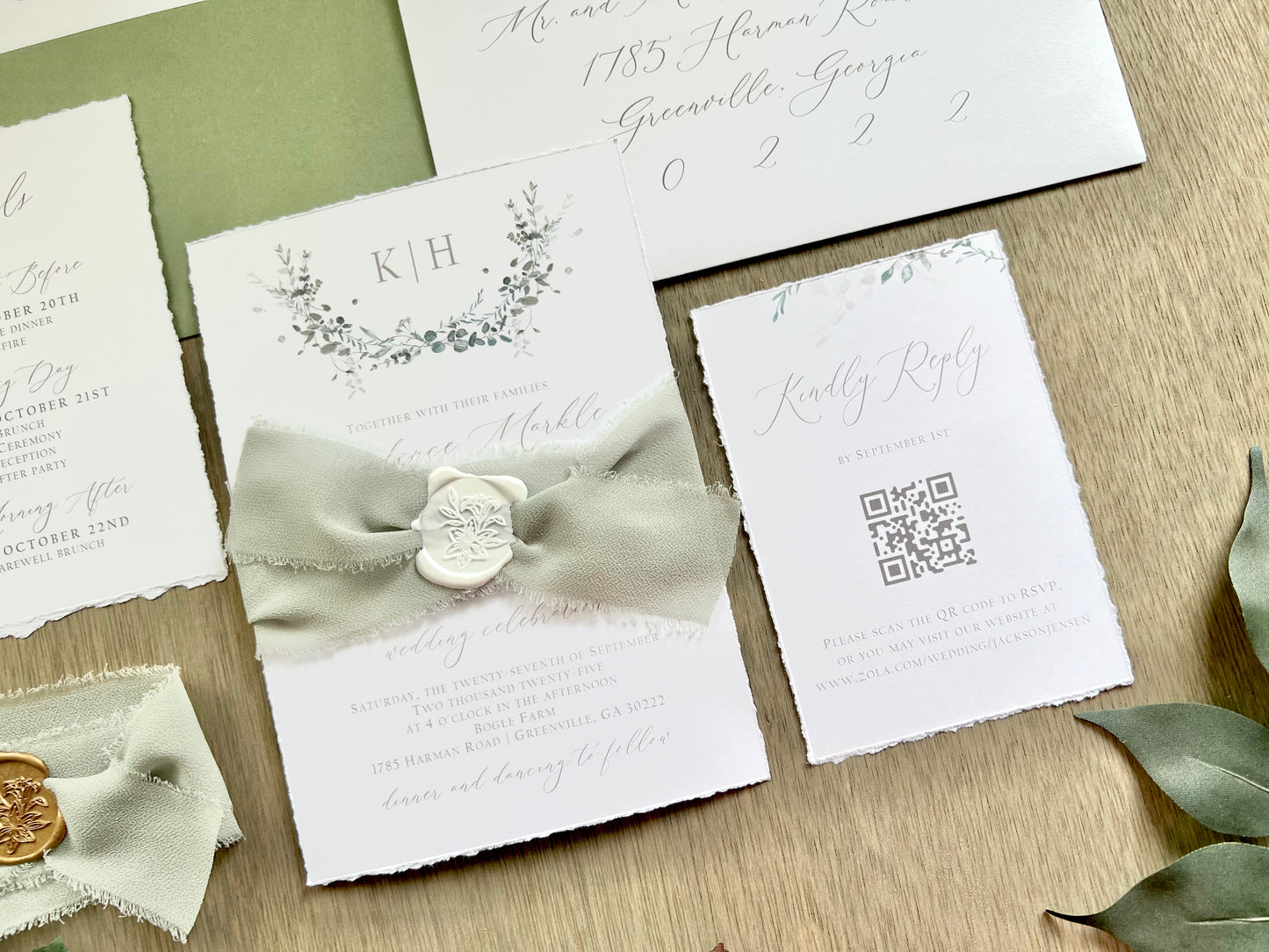 Monogram Wedding Invitation with Laurel Wreath, Dusty Sage Green Ribbon, Wax Seal & Deckled Edging