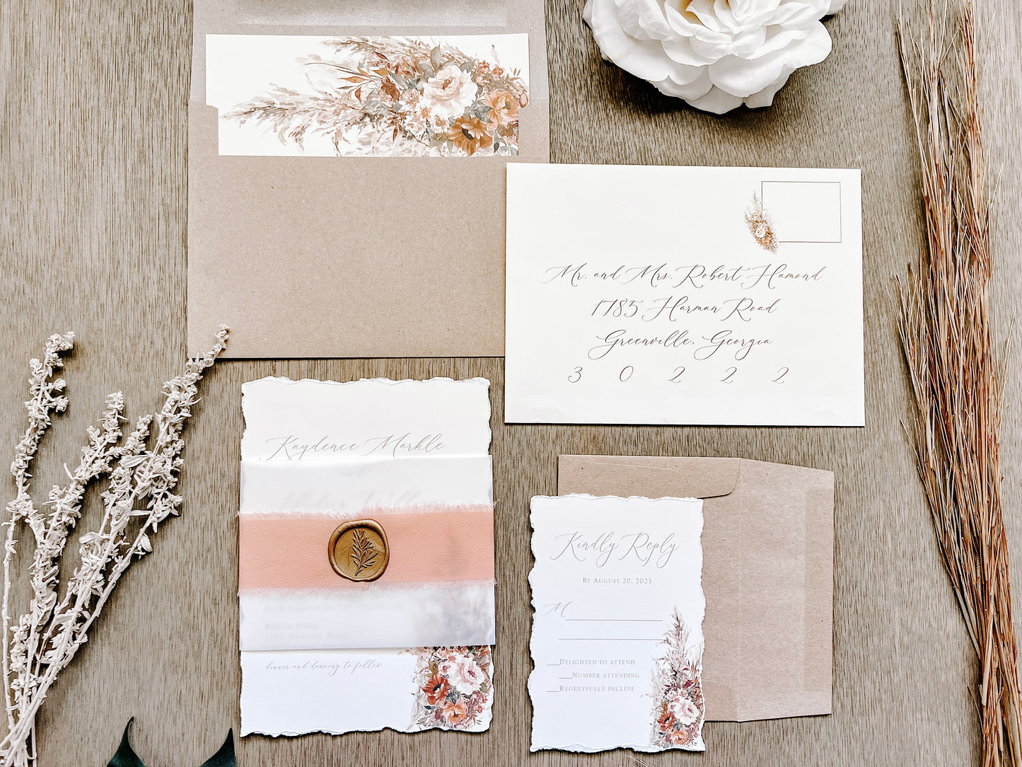 Rose Gold Wedding Invitation with Pampas Grass, Terracotta Beige Florals, Deckled Edging, Vellum Belly Band, Chiffon Ribbon and Wax Seal