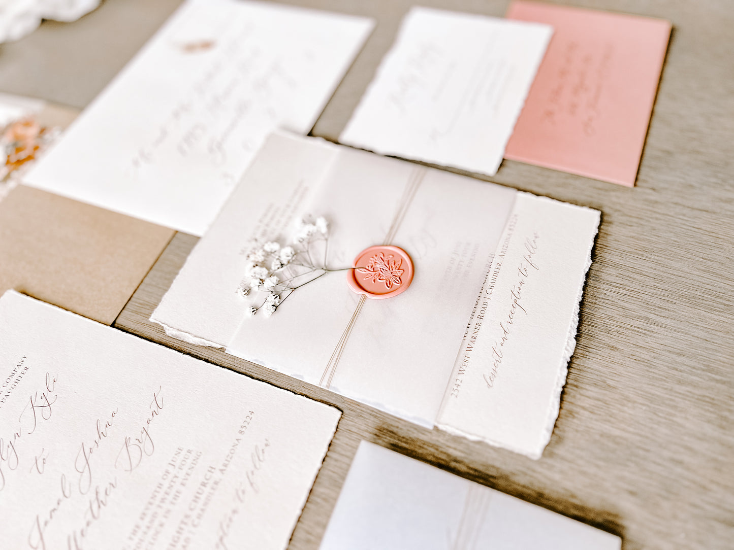 Dusty Rose Pink Wedding Invitation with Baby’s Breath, Deckled Edging, Vellum Belly Band and Wax Seal