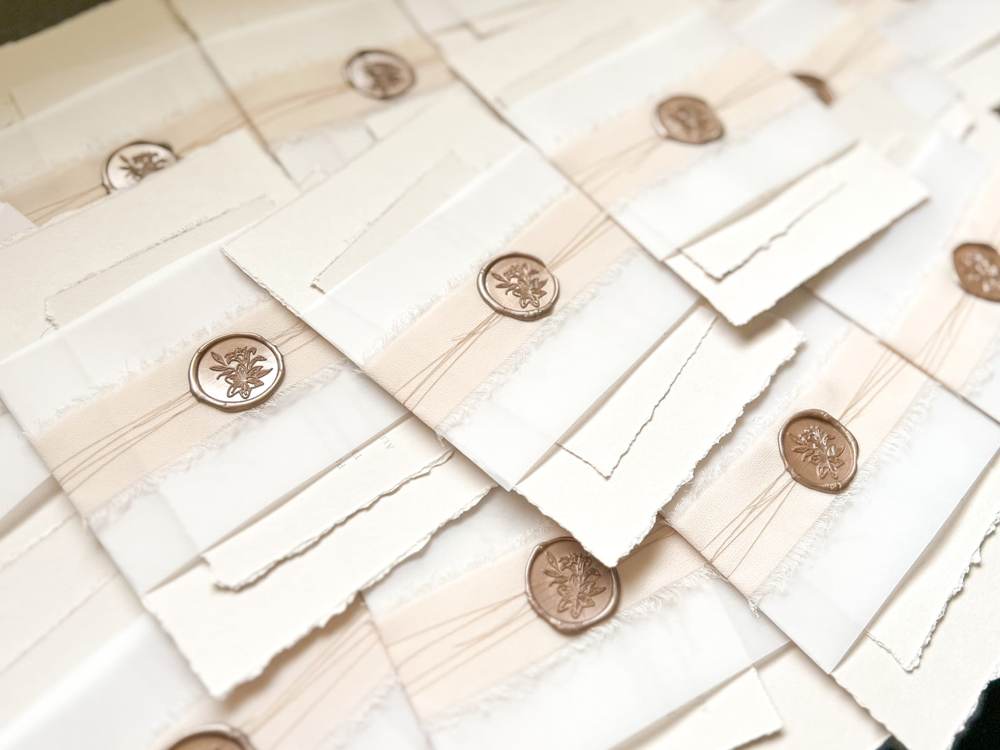 Neutral Wedding Invitation with Deckled Edging, Vellum Bellyband, Chiffon Ribbon and Wax Seal