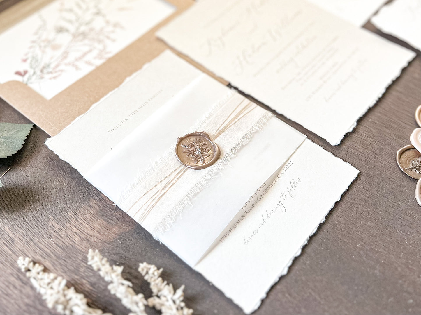 Neutral Wedding Invitation with Deckled Edging, Vellum Bellyband, Chiffon Ribbon and Wax Seal