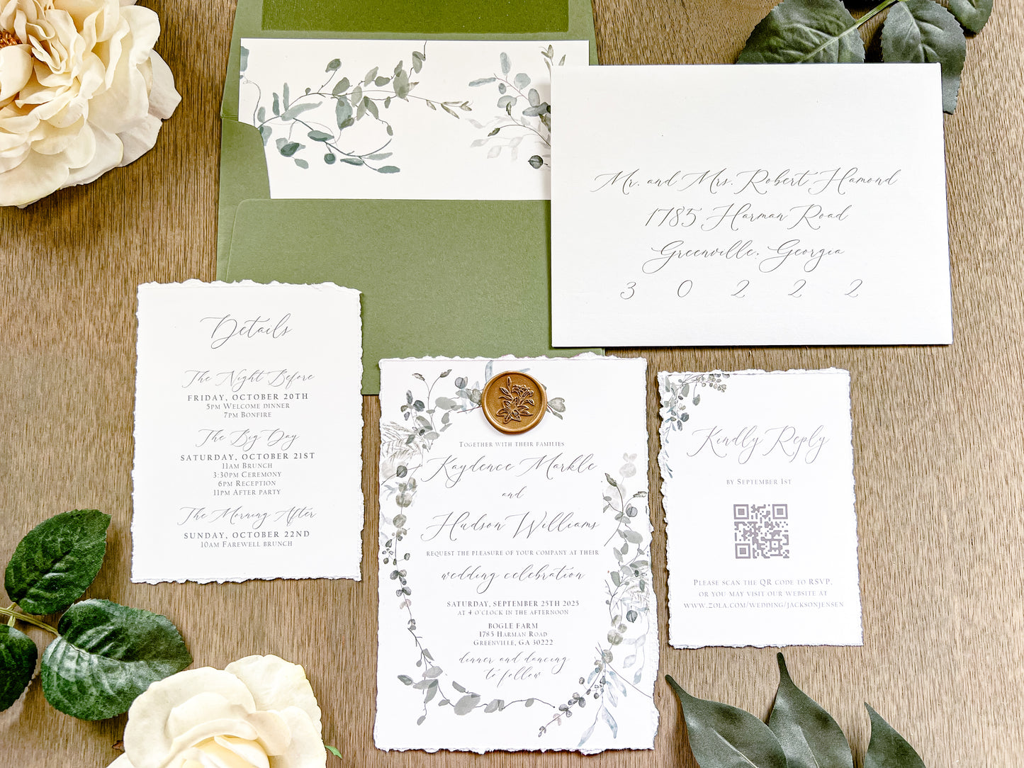 Minimalist Greenery Wedding Invitation with Deckled Edge and Antique Gold Wax Seal