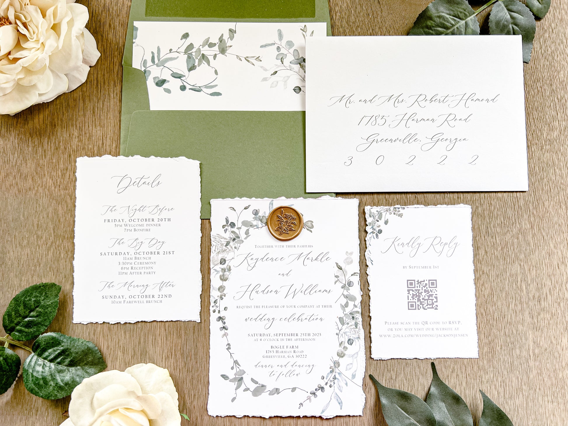 Minimalist Greenery Wedding Invitation with Deckled Edge and Antique Gold Wax Seal