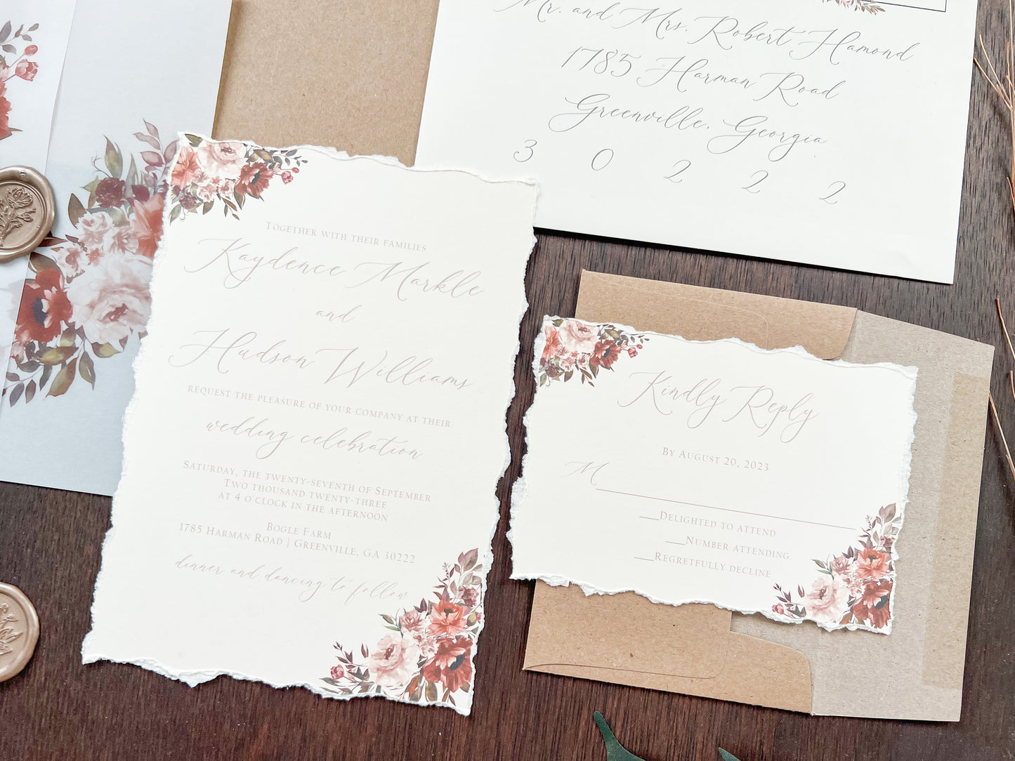 Copper & Rust Foliage Boho Wedding Invitation with Deckled Edging, Vellum & Wax Seal