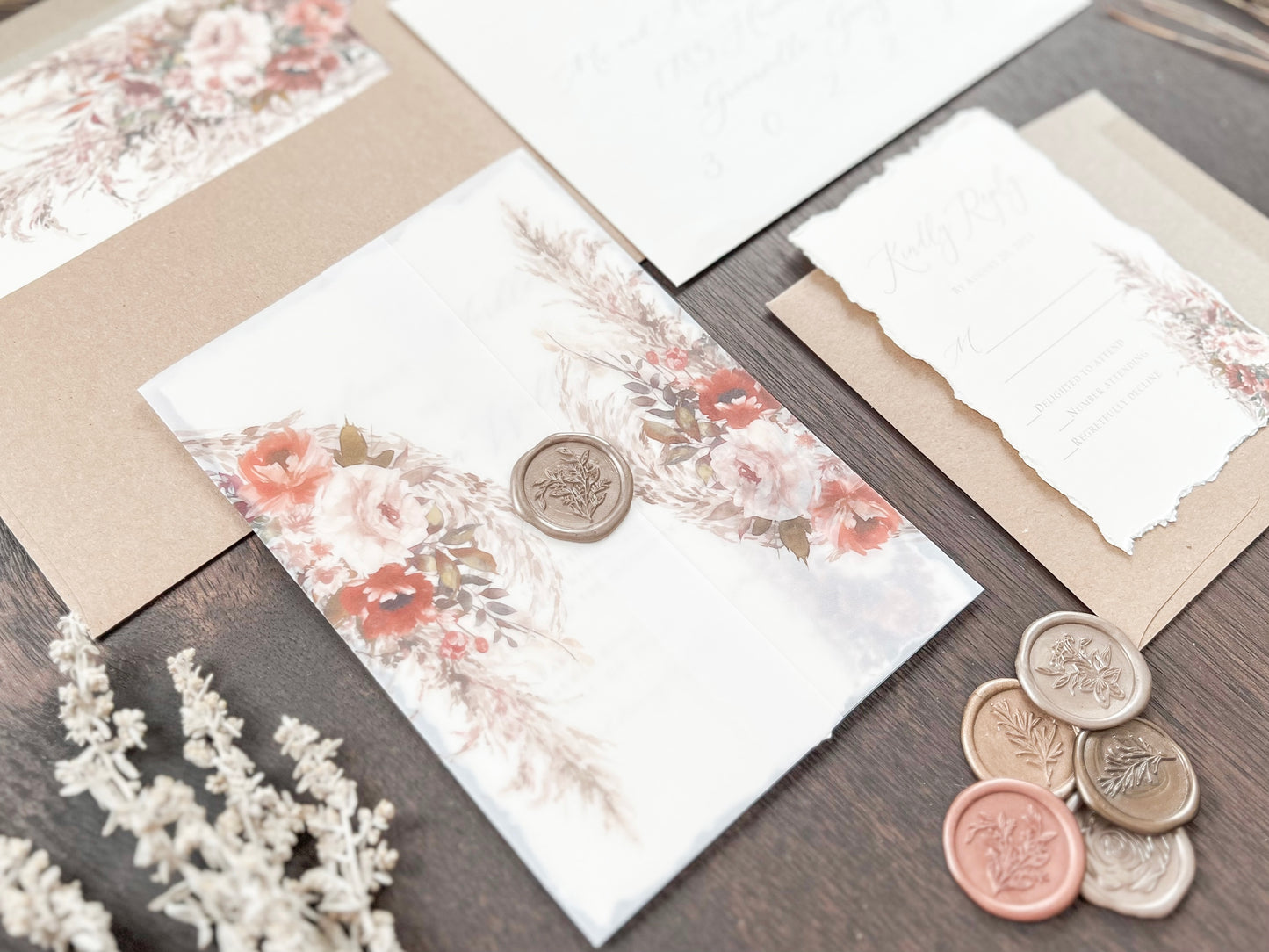 Pampas & Copper Foliage Boho Wedding Invitation with Deckled Edging, Vellum & Wax Seal
