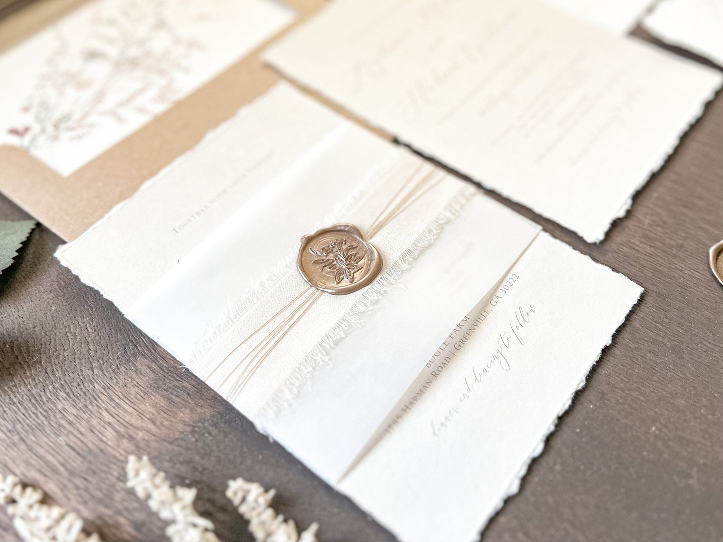 Neutral Wedding Invitation with Deckled Edging, Vellum Bellyband, Chiffon Ribbon and Wax Seal