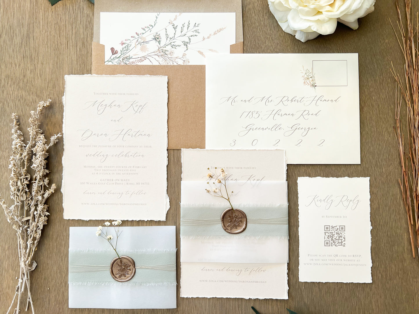Muted Sage Green Wedding Invitation with Deckled Edging, Vellum Belly Band, Chiffon Ribbon, Dried Baby’s Breath and Wax Seal