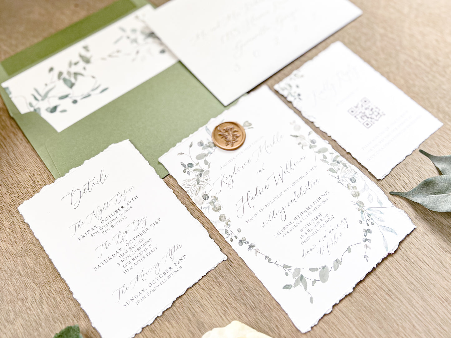 Minimalist Greenery Wedding Invitation with Deckled Edge and Antique Gold Wax Seal
