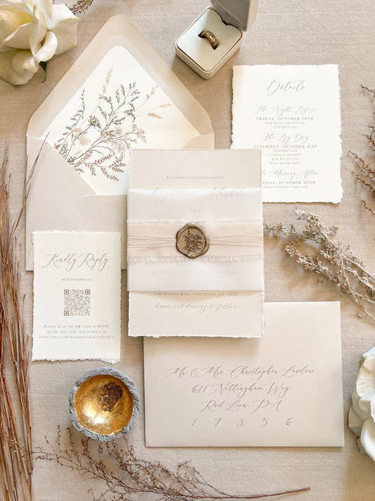 Neutral Wedding Invitation with Deckled Edging, Vellum Bellyband, Chiffon Ribbon and Wax Seal