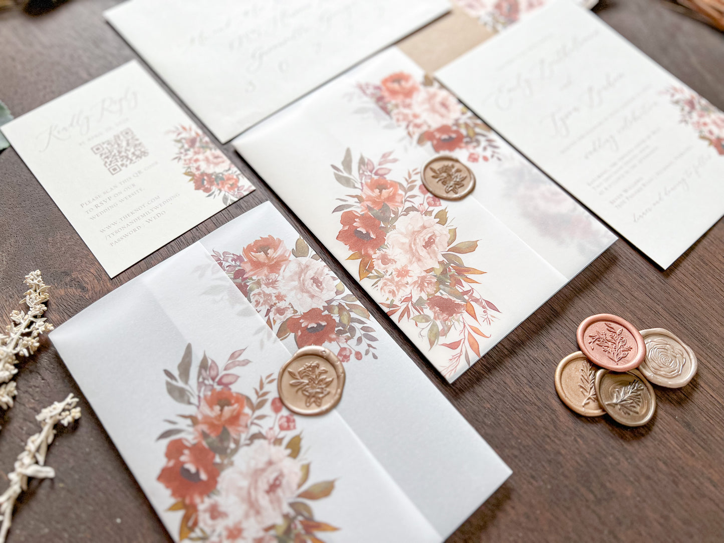 Boho Wedding Invitation wrapped in Vellum & Wax Seal with Copper, Burnt Orange & Rust Foliage
