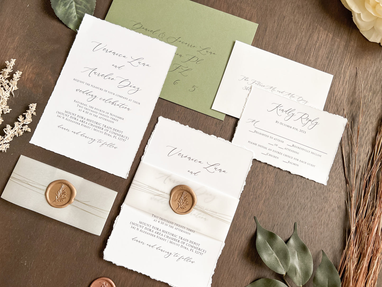 Simple Deckled Edge Wedding Invitation with Vellum and Wax Seal