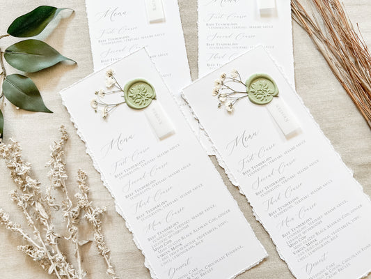 Wedding Menus with Vellum Name Tag, Baby’s Breath and Wax Seal
