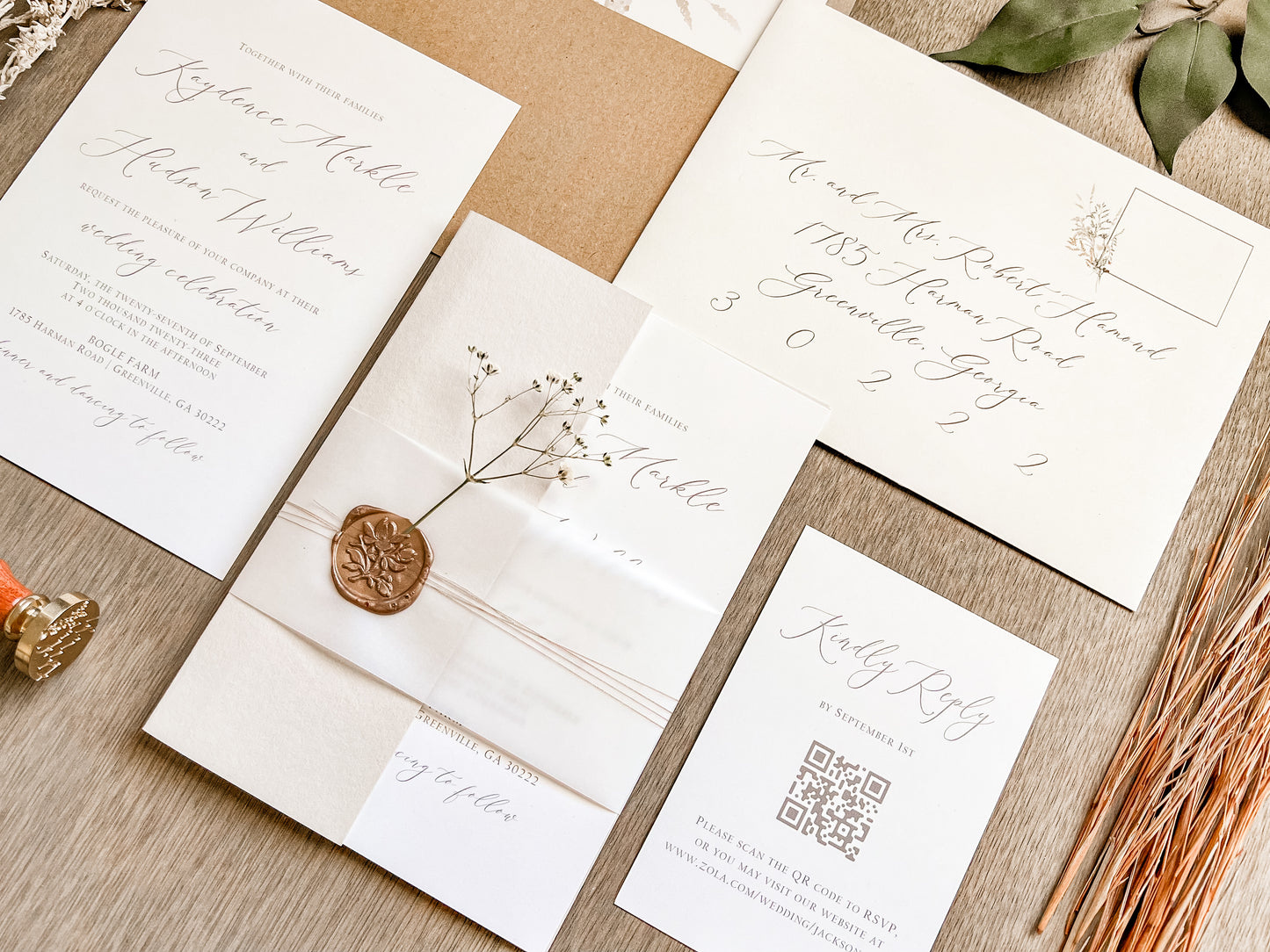 Elegant Beige & Ivory Wedding Invitation with Baby’s Breath, Vellum Belly Band and Wax Seal