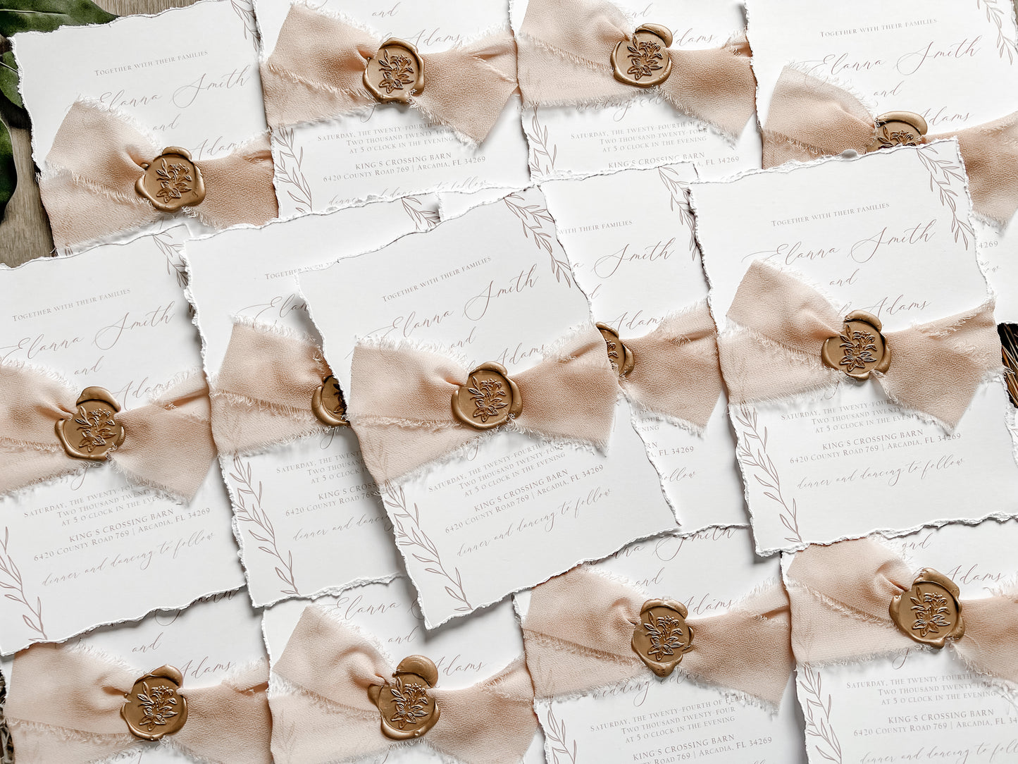 Light Brown Ribbon Wedding Invitation with Deckled Edging, Chiffon Ribbon & Antique Gold Wax Seal