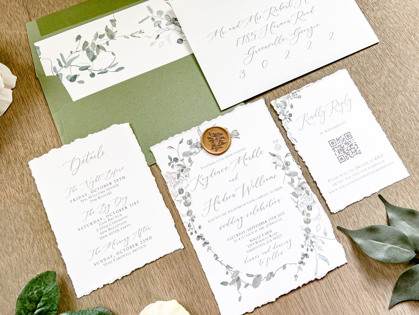 Minimalist Greenery Wedding Invitation with Deckled Edge and Antique Gold Wax Seal