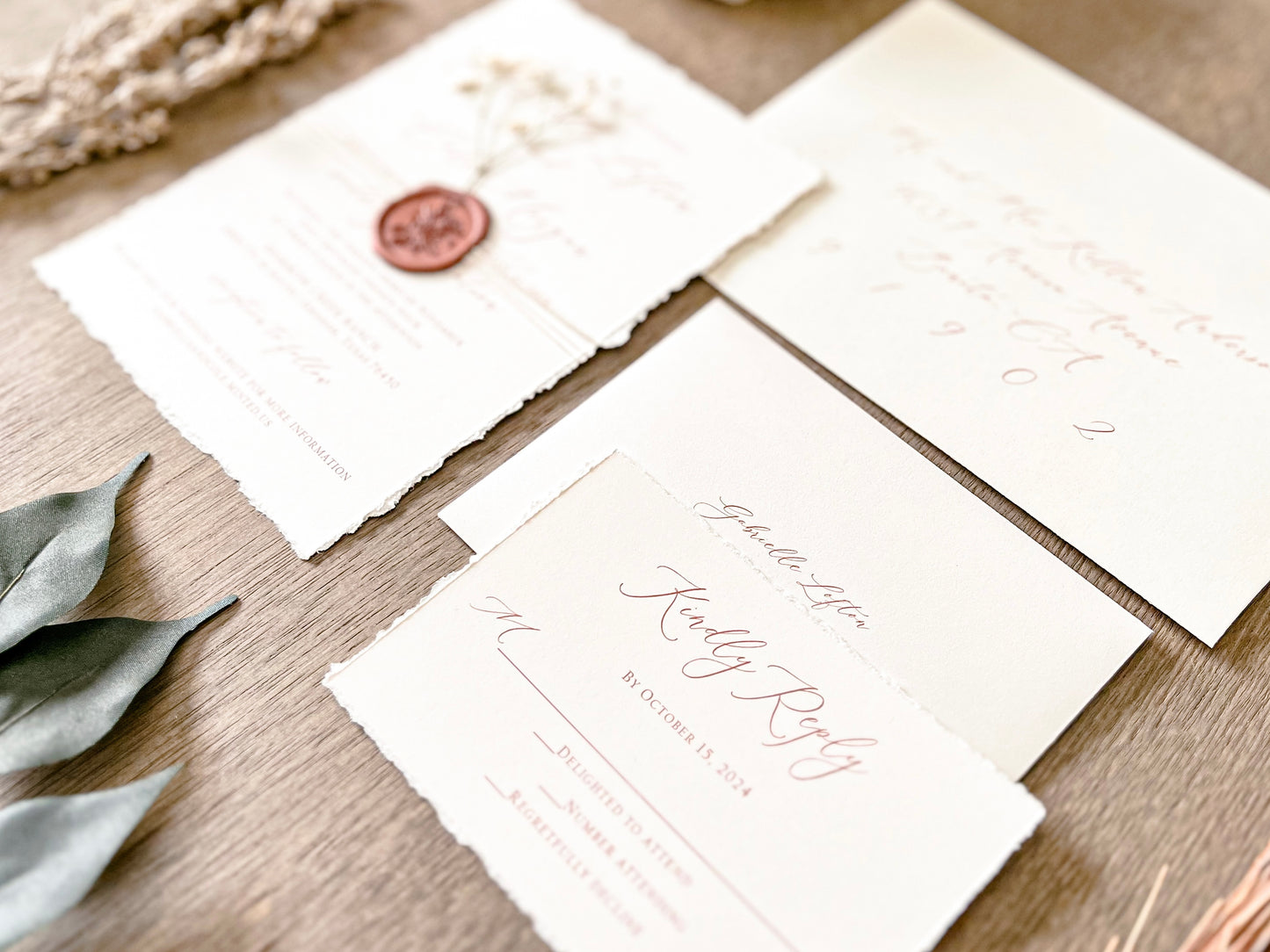 Ivory Baby’s Breath Wedding Invitation with Deckled Edging, Khaki Thread and Copper Wax Seal