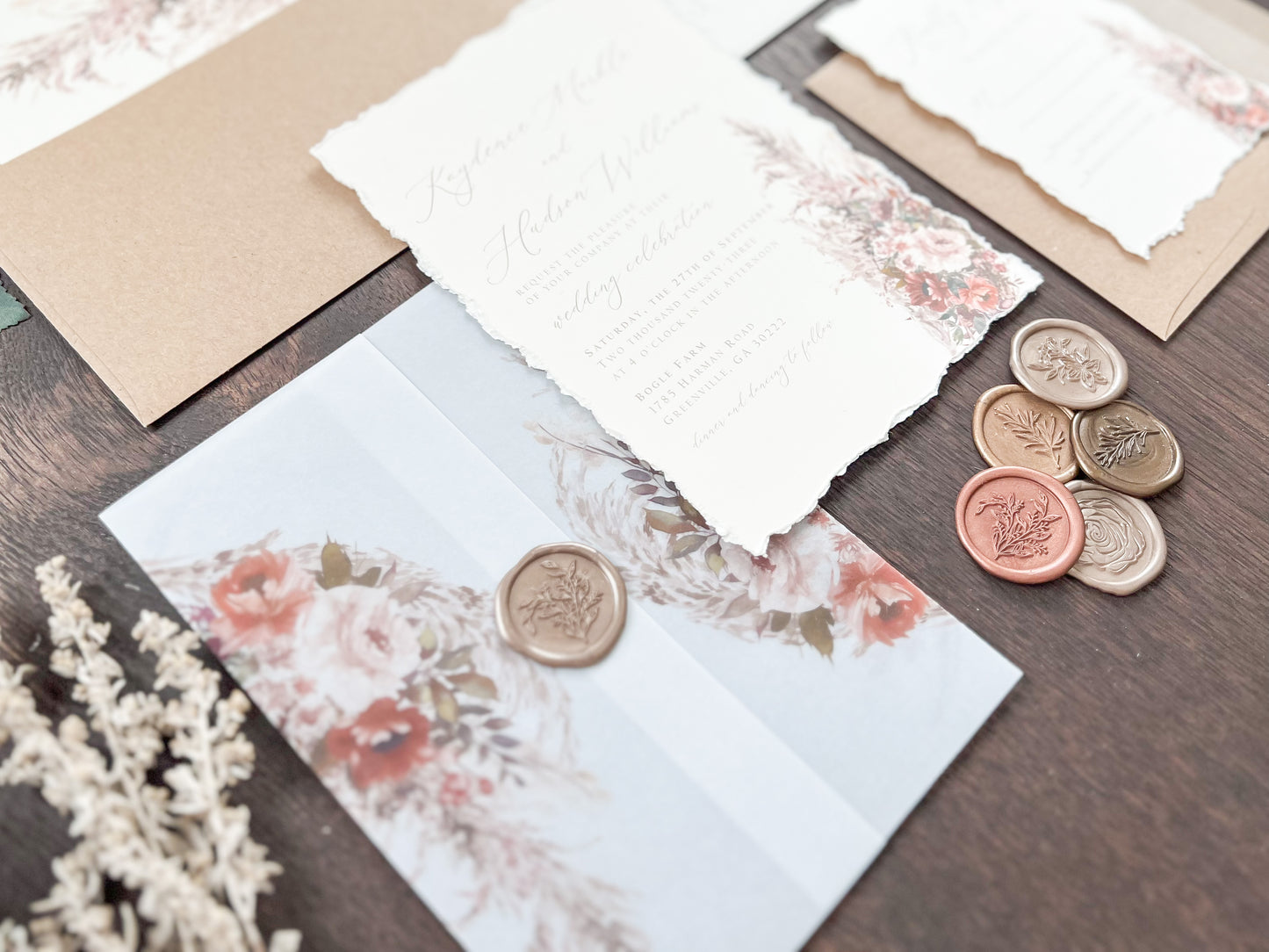 Pampas & Copper Foliage Boho Wedding Invitation with Deckled Edging, Vellum & Wax Seal