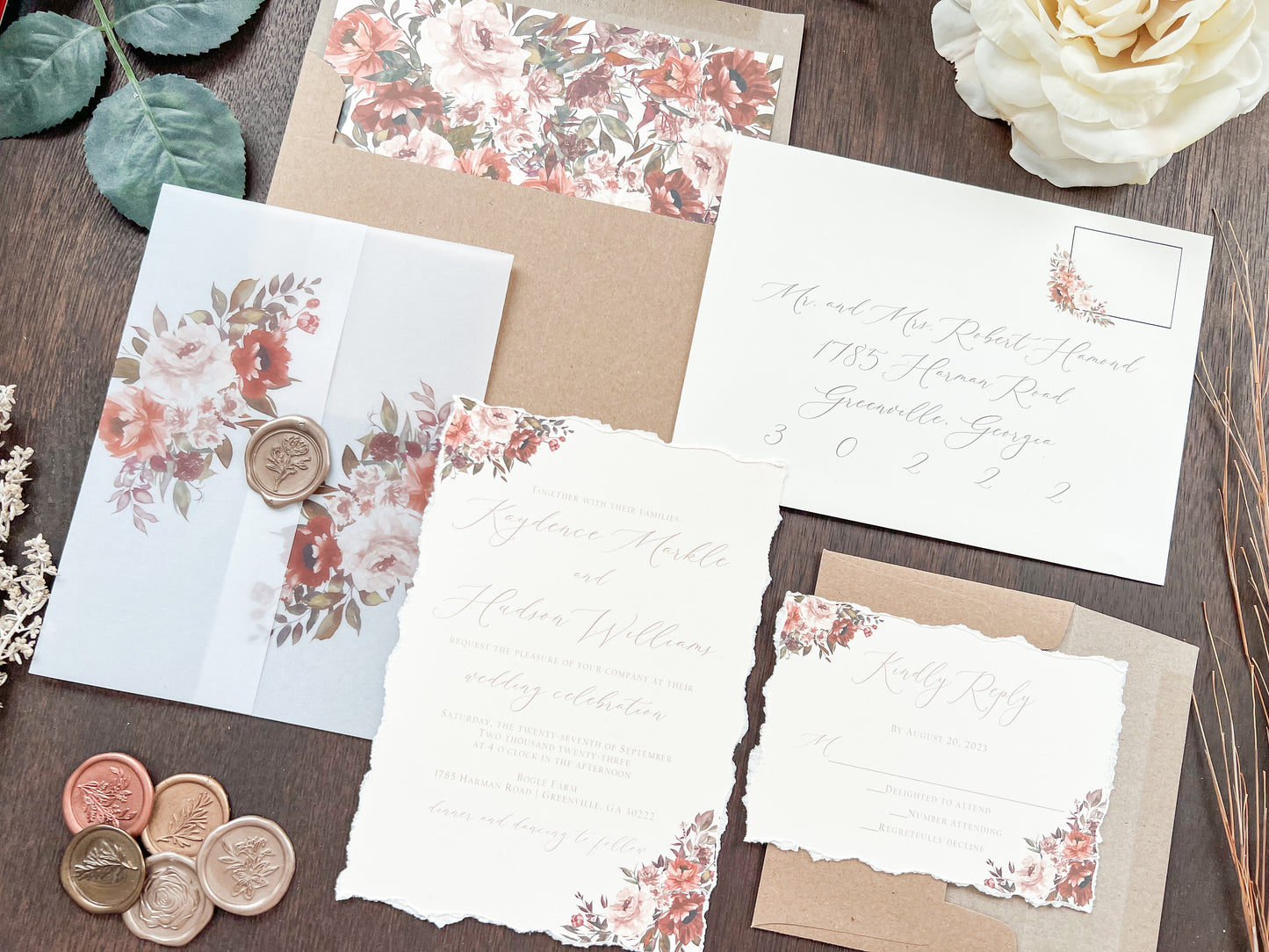 Copper & Rust Foliage Boho Wedding Invitation with Deckled Edging, Vellum & Wax Seal