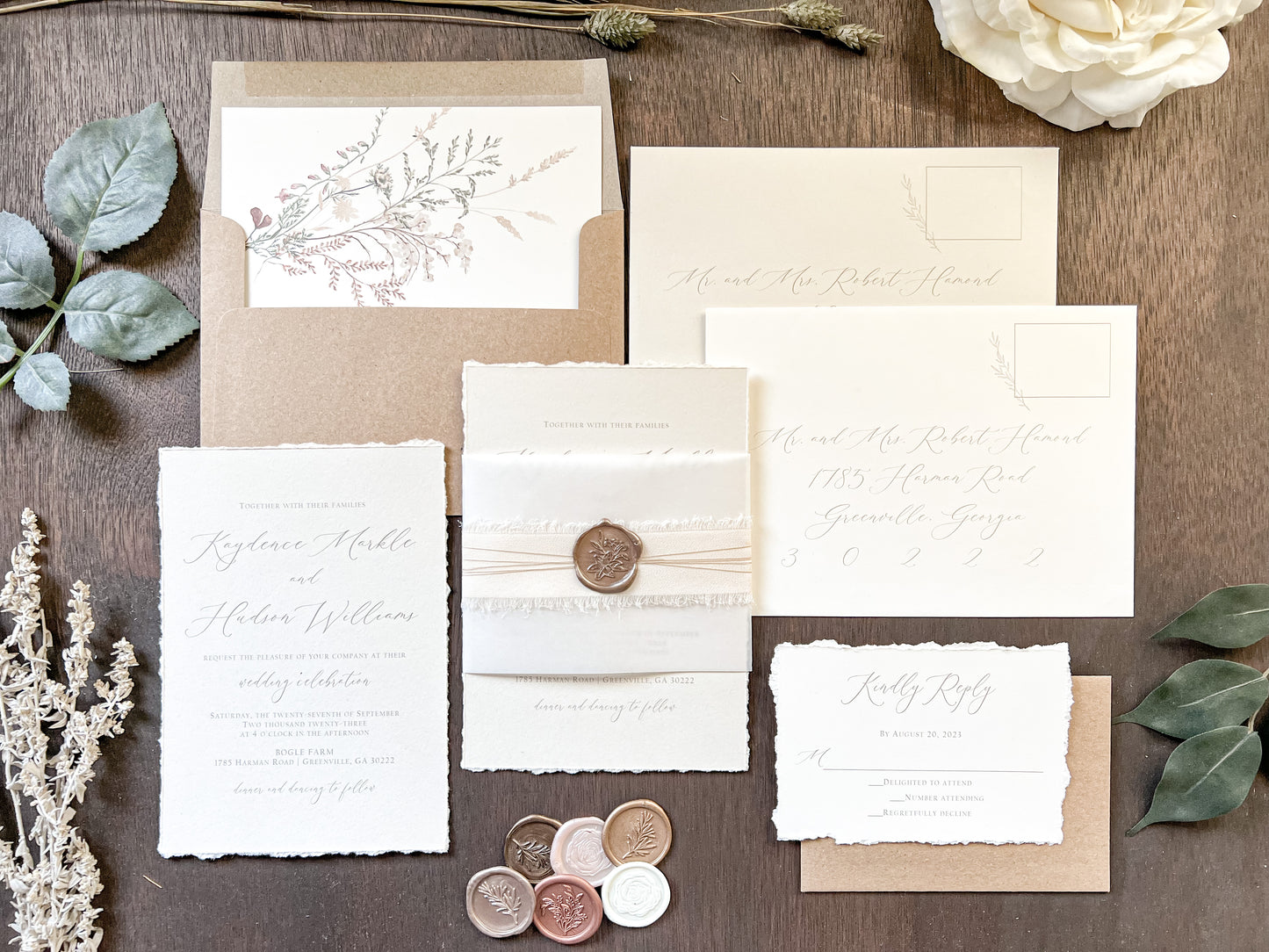 Neutral Wedding Invitation with Deckled Edging, Vellum Belly Band, Chiffon Ribbon and Wax Seal