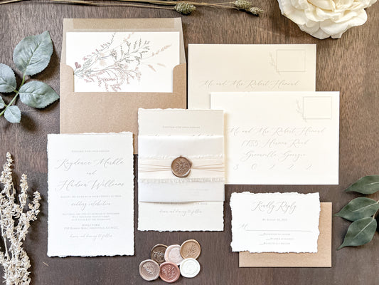 Neutral Wedding Invitation with Deckled Edging, Vellum Belly Band, Chiffon Ribbon and Wax Seal