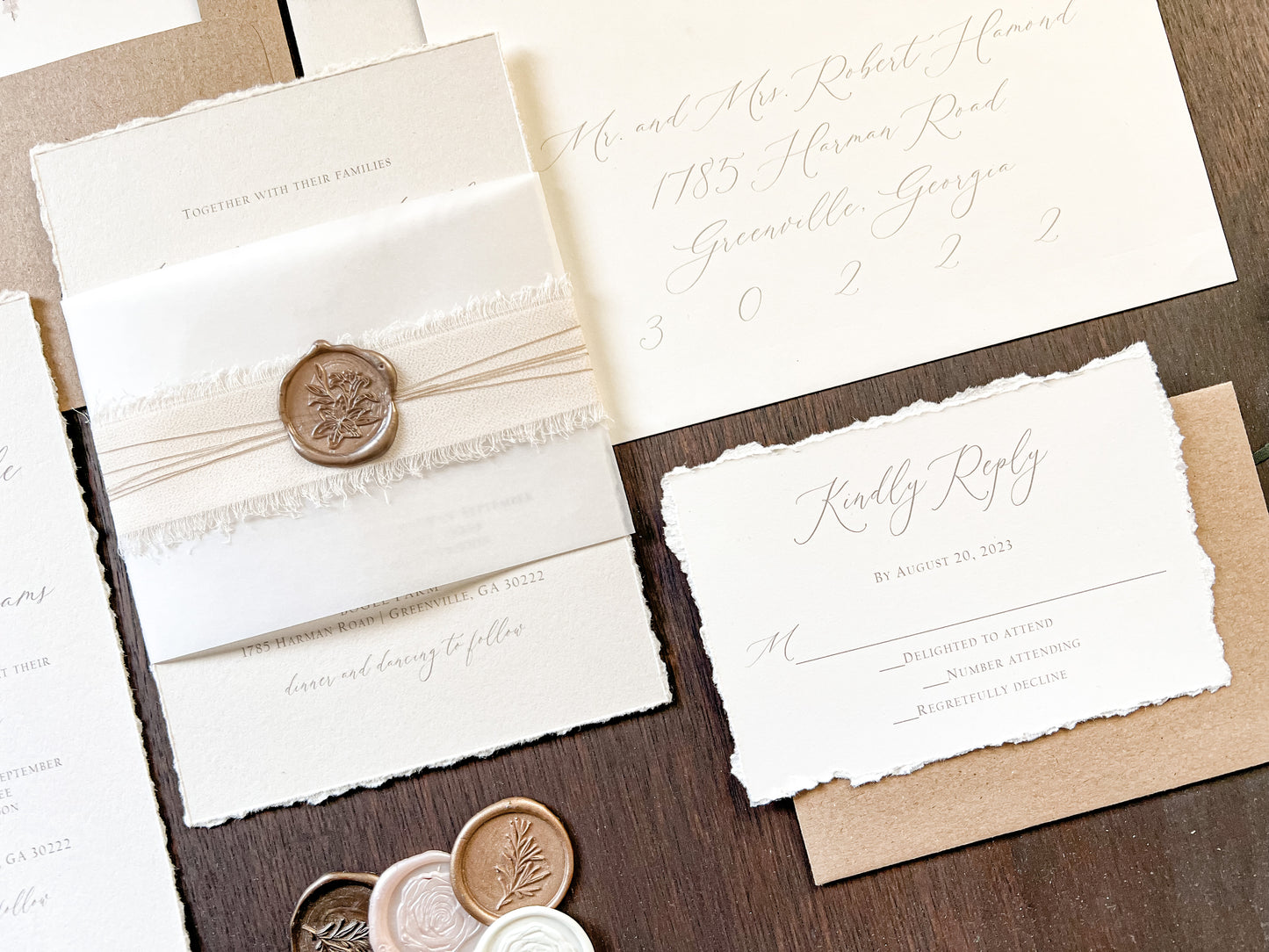 Neutral Wedding Invitation with Deckled Edging, Vellum Bellyband, Chiffon Ribbon and Wax Seal