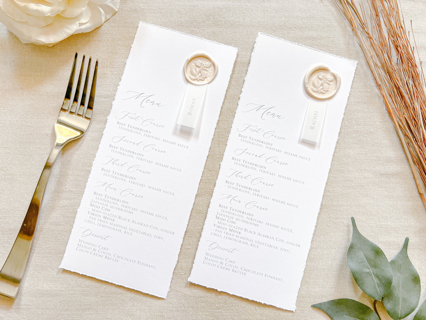 Wedding Menus with Vellum Place Card and Deckled Edging