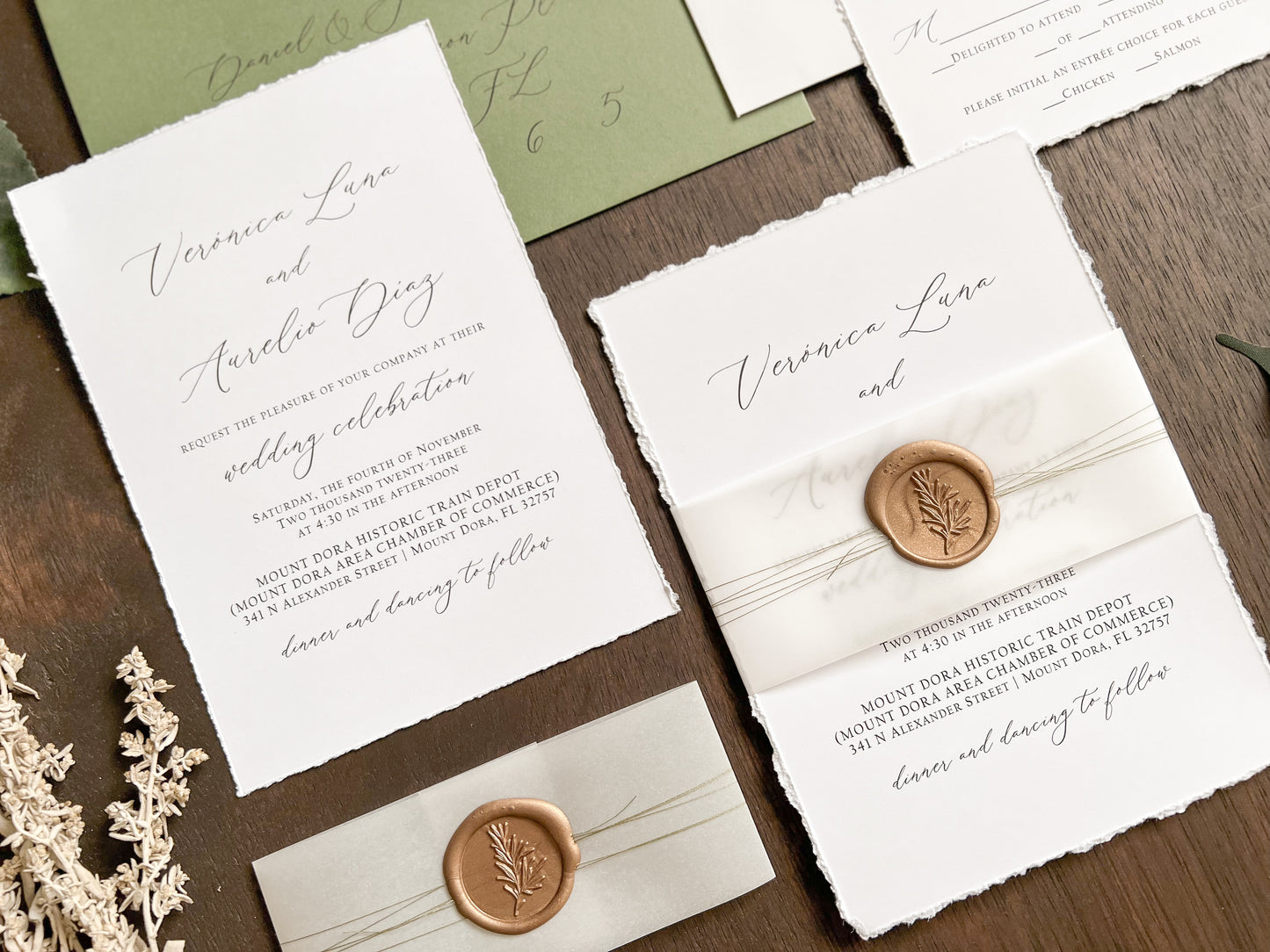 Simple Deckled Edge Wedding Invitation with Vellum and Wax Seal