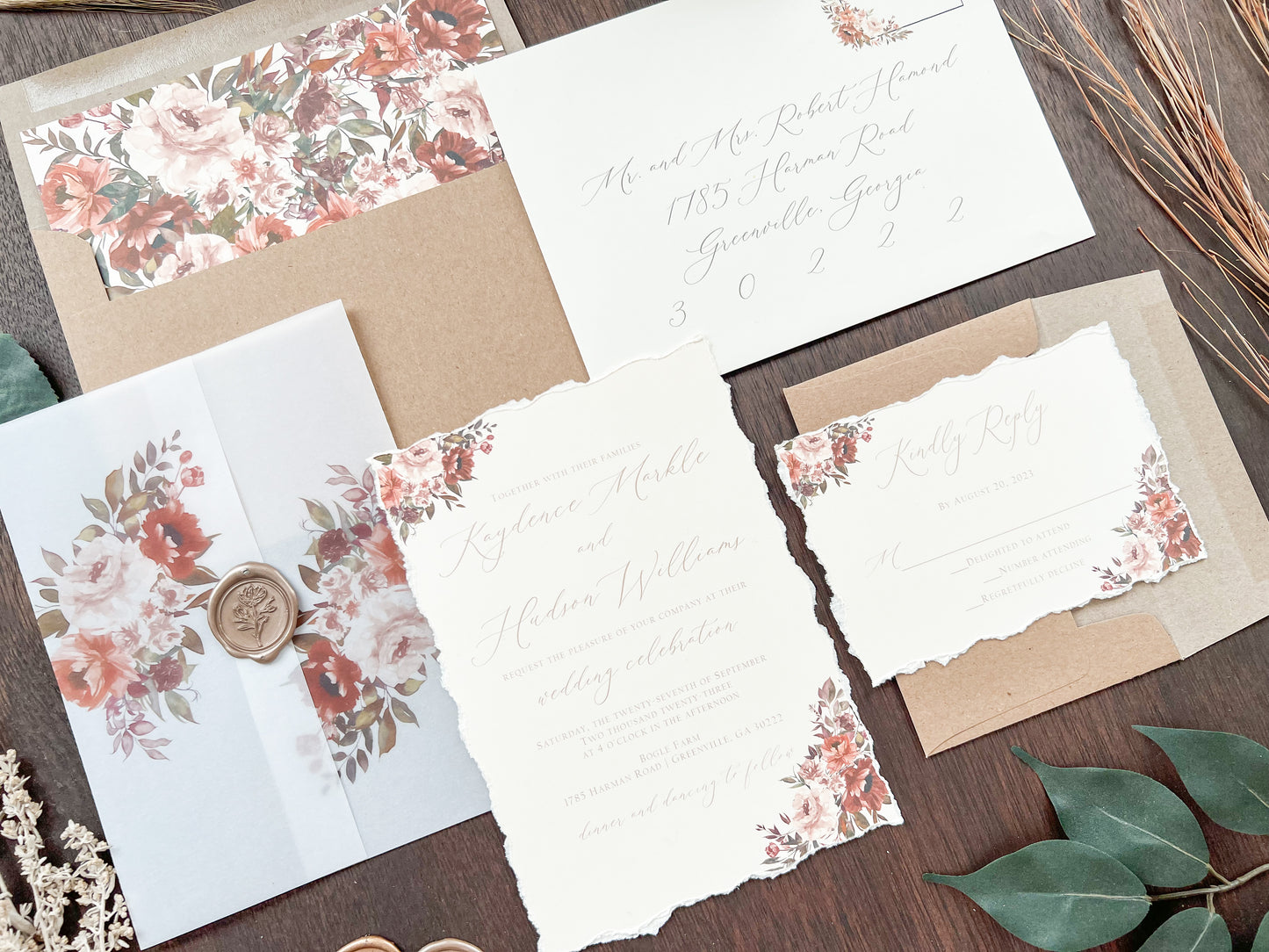 Copper & Rust Foliage Boho Wedding Invitation with Deckled Edging, Vellum & Wax Seal