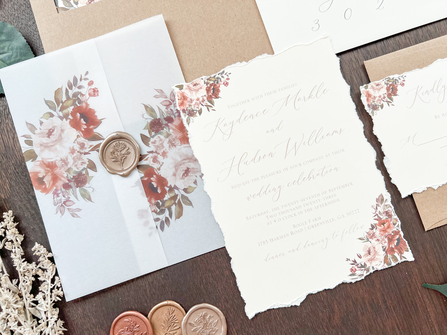 Copper & Rust Foliage Boho Wedding Invitation with Deckled Edging, Vellum & Wax Seal