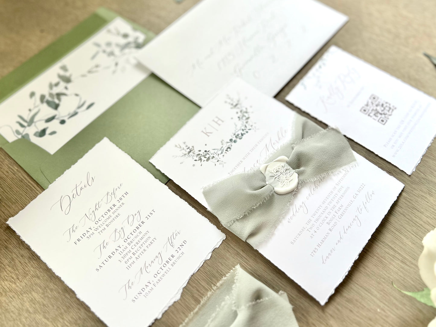 Monogram Laurel Wreath Wedding Invitation with Muted Sage Green Chiffon Ribbon & Wax Seal with Deckled Edging