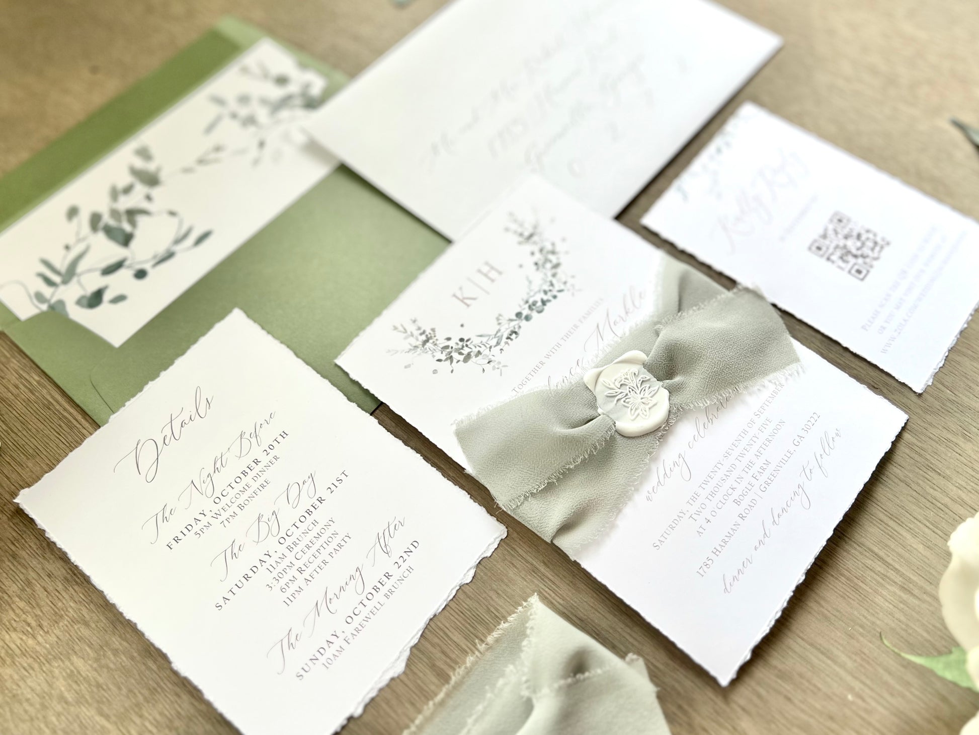 Monogram Laurel Wreath Wedding Invitation with Muted Sage Green Chiffon Ribbon & Wax Seal with Deckled Edging