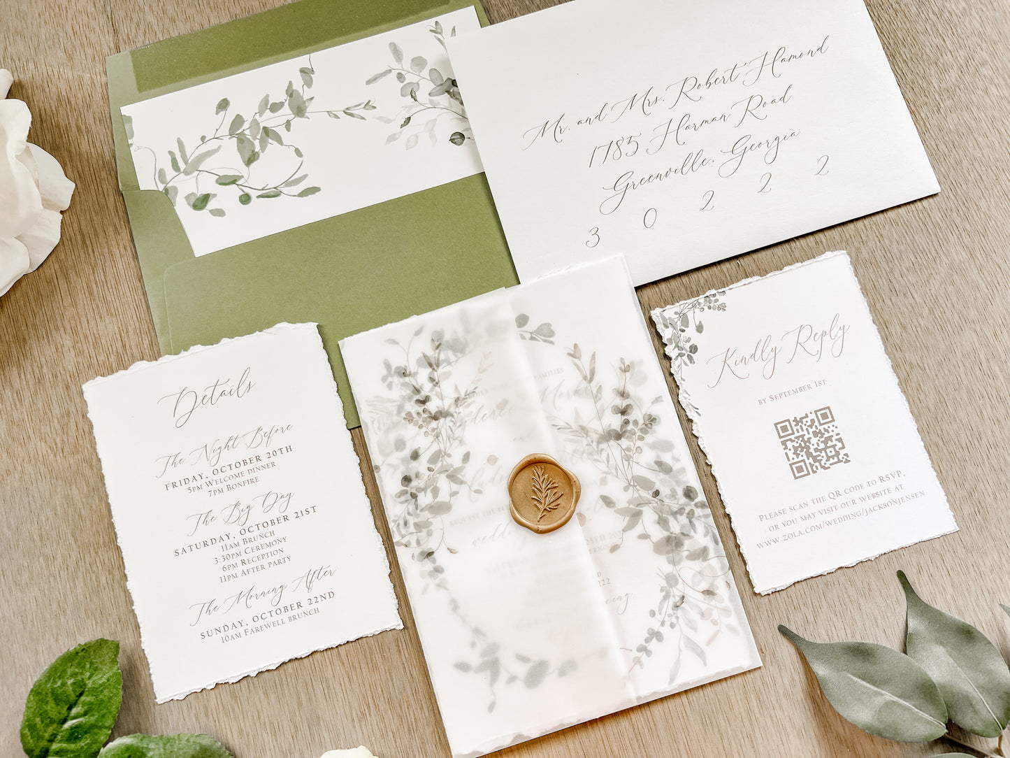 Greenery Wreath Wedding Invitation with Eucalyptus Vellum, Deckled Edging & Wax Seal
