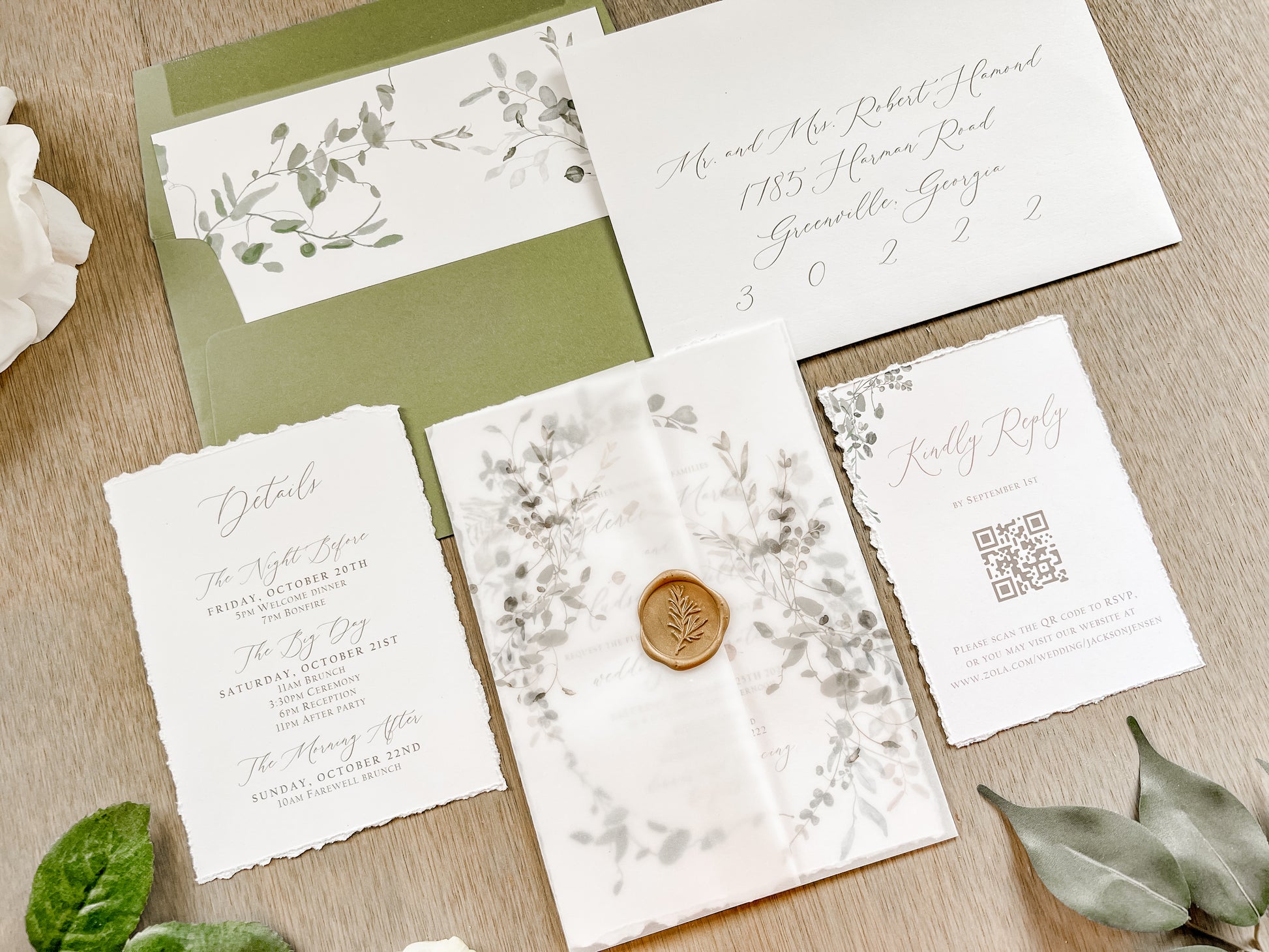 Greenery Wreath Wedding Invitation with Eucalyptus Vellum, Deckled Edging & Wax Seal