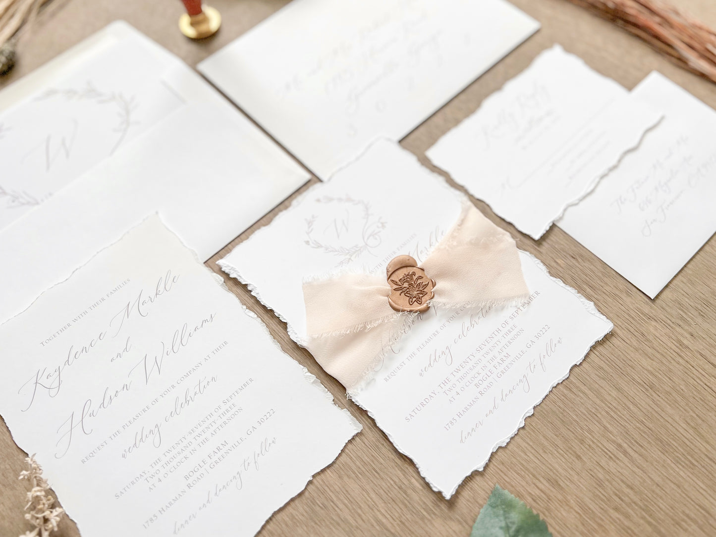 Modern Elegant Wedding Invitation with Light Nude Chiffon & Wax Seal