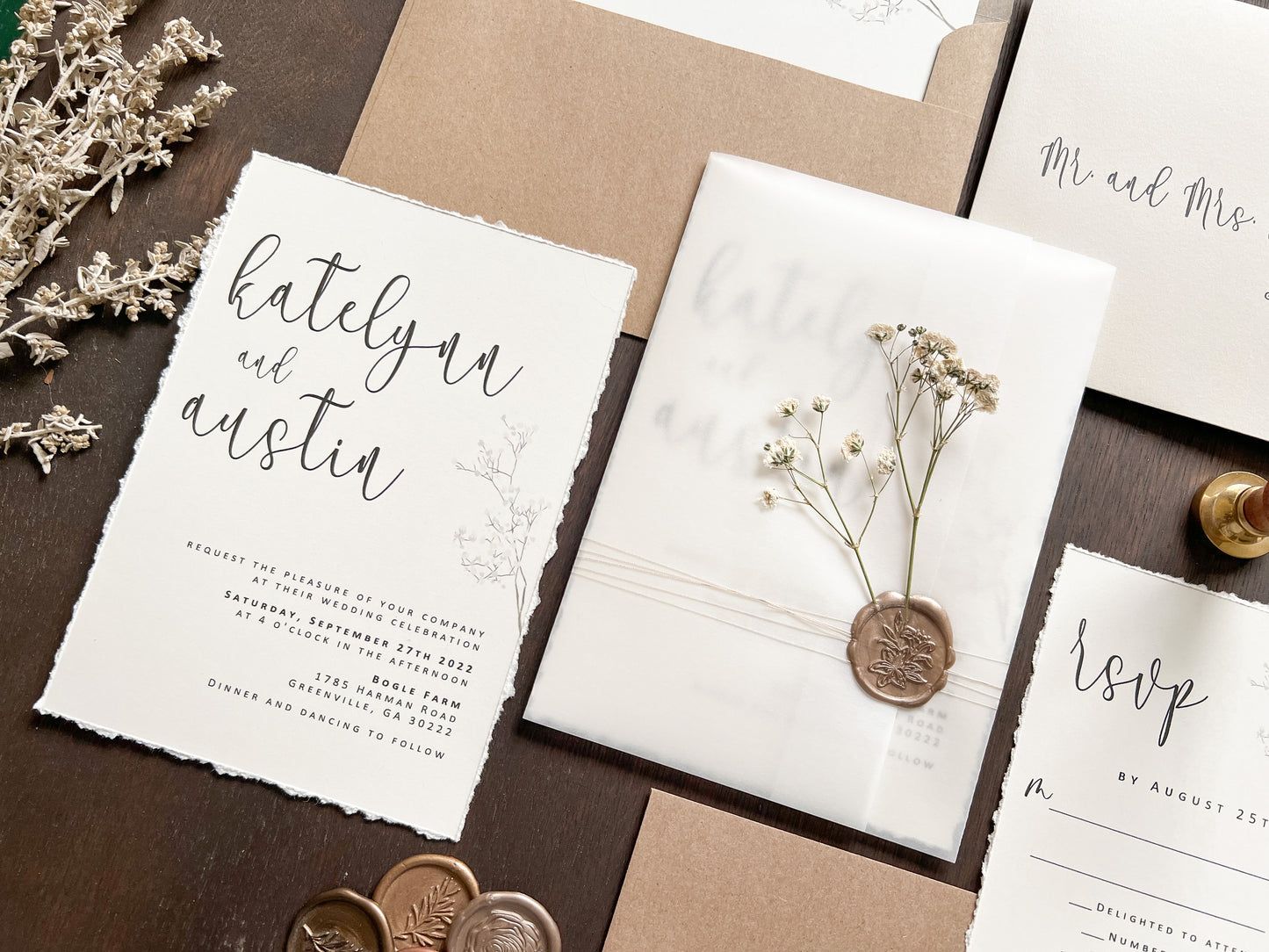 Baby’s Breath Wedding Invitation with Deckled Edging, Vellum Wrap and Wax Seal