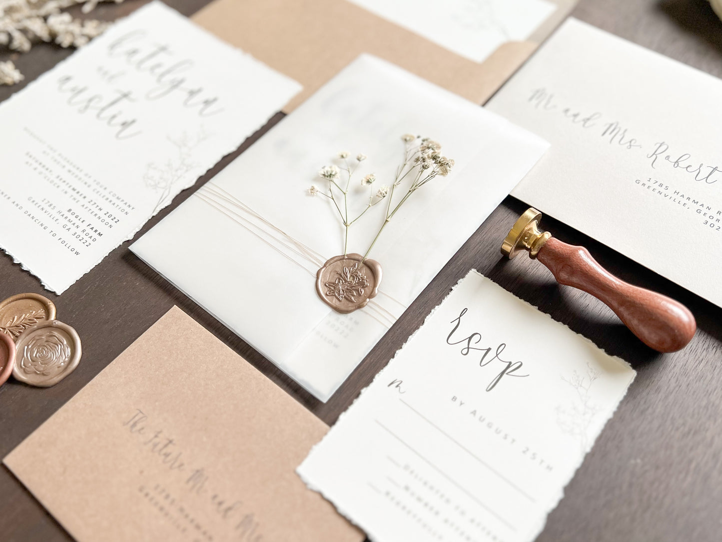 Baby’s Breath Wedding Invitation with Deckled Edging, Vellum Wrap and Wax Seal