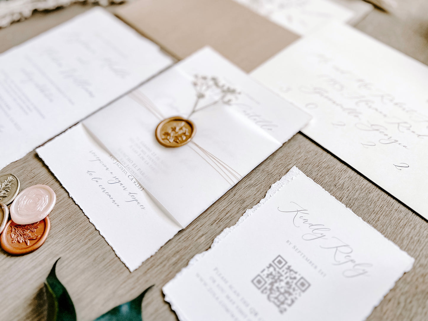 Vintage Ivory Baby’s Breath Wedding Invitation with Deckled Edging, Vellum Belly Band and Wax Seal