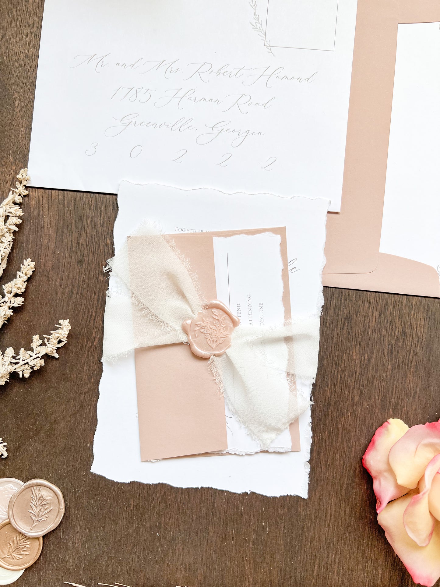 Soft and Sweet Wedding Invitation with Deckled Edging, White Chiffon Ribbon & Blush Pink Wax Seal