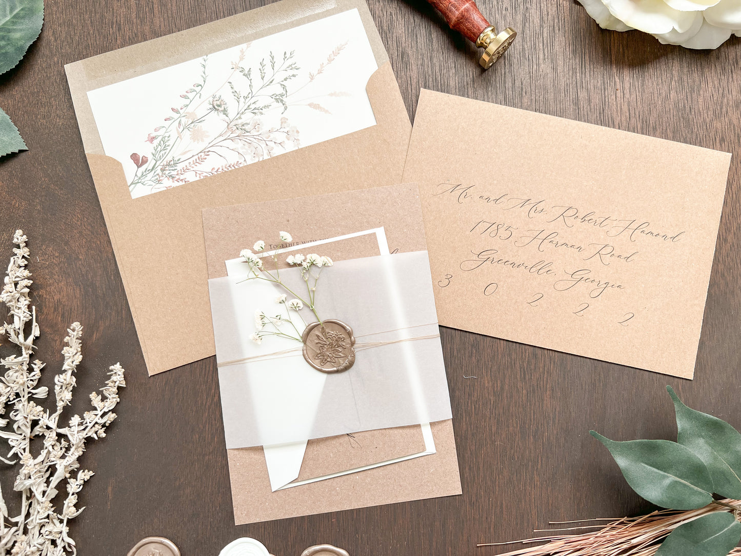 Rustic Kraft Baby’s Breath Wedding Invitation with Vellum Belly Band and Wax Seal