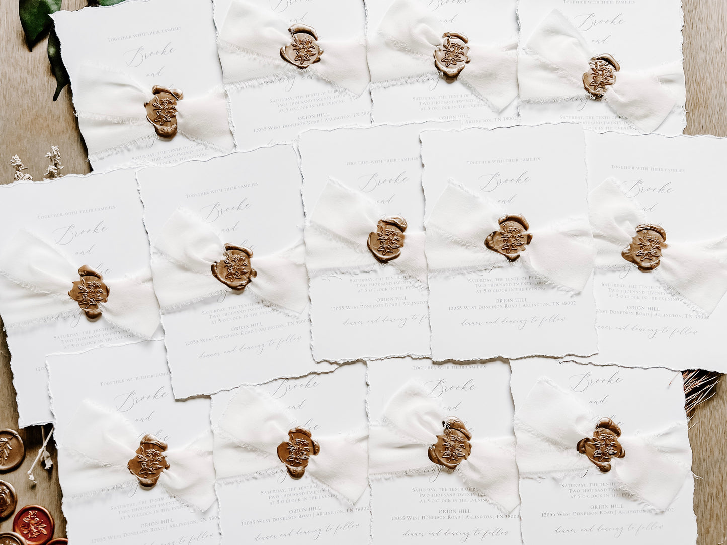Classic Elegant Wedding Invitation with Deckled Edging, White Chiffon Ribbon & Wax Seal