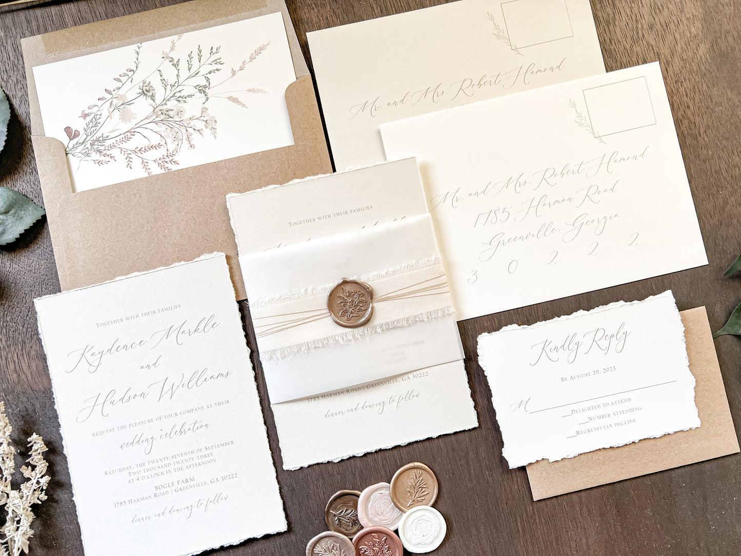 Neutral Wedding Invitation with Deckled Edging, Vellum Bellyband, Chiffon Ribbon and Wax Seal